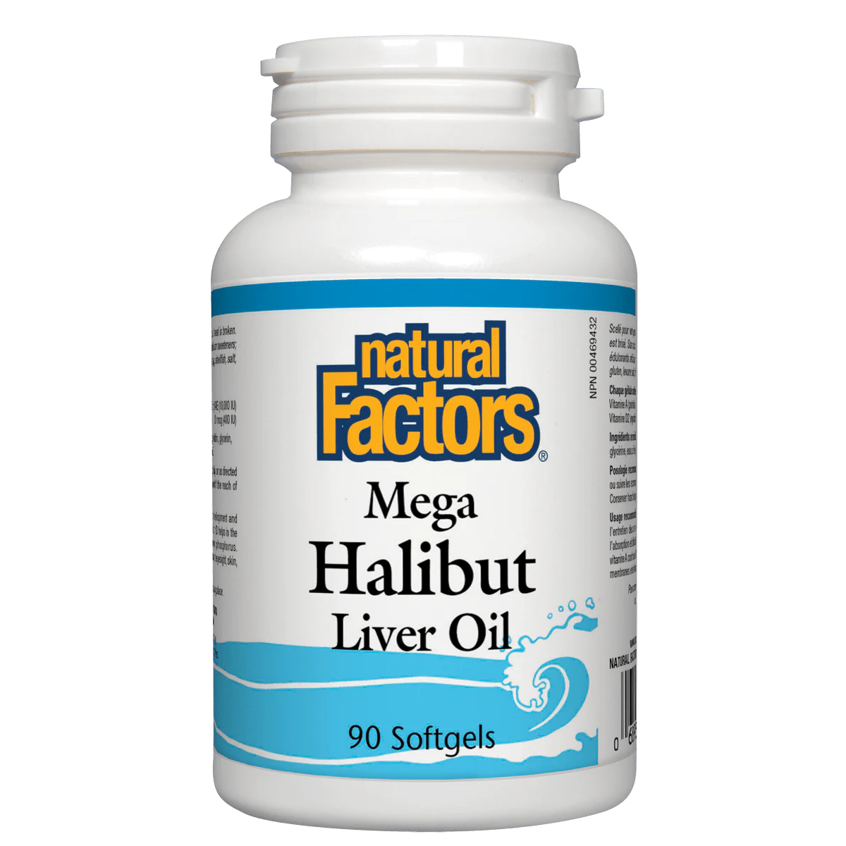 Bottle of Natural Factors Mega Halibut Liver Oil on a white background natural vitamin direct inc natvd.com canada