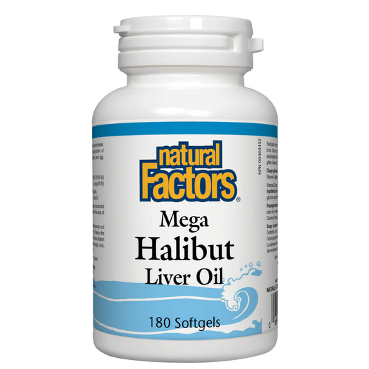 Bottle of Natural Factors Mega Halibut Liver Oil on a white background available online at natvd.com
