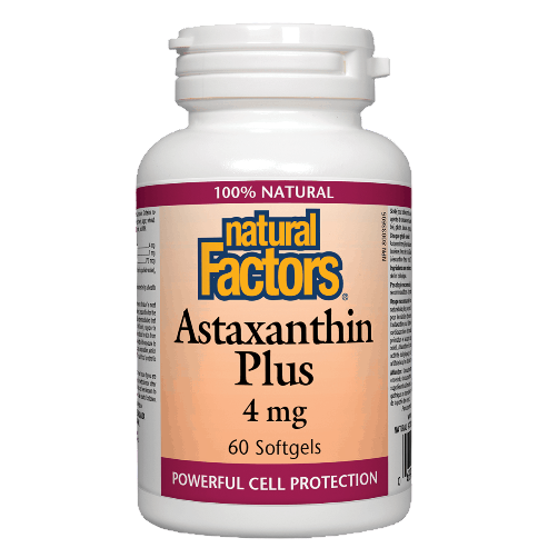 Bottle of Natural Factors Astaxanthin Plus supplement on a white background Shop Natural Vitamin Direct inc Canadian label