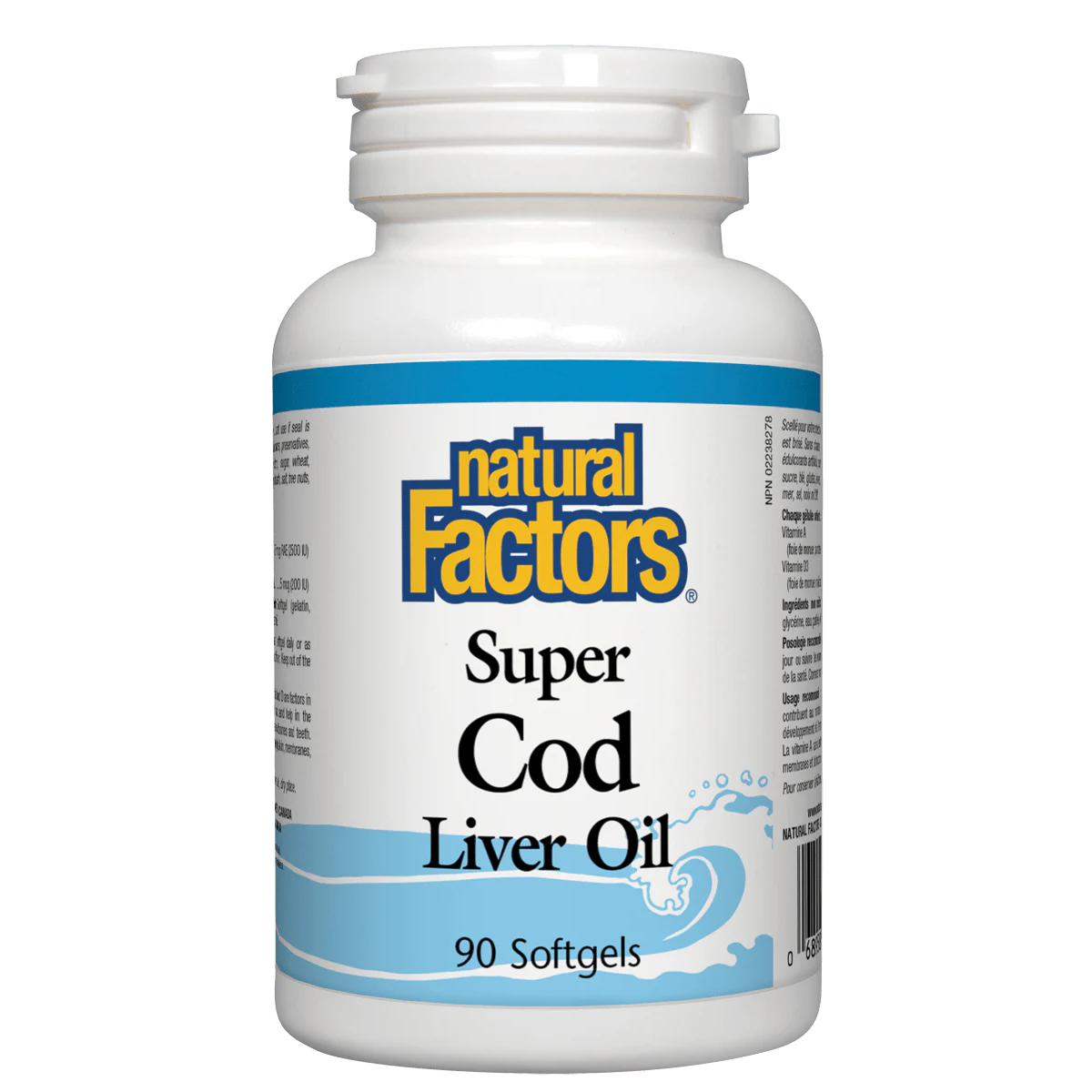 Bottle of Natural Factors Super Cod Liver Oil on a white background sold by natural vitamin direct inc canada