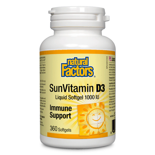 Natural Factors SunVitamin D3 supplement bottle on a white background sold online at natvd.com Natural Vitamin Direct Inc Canada