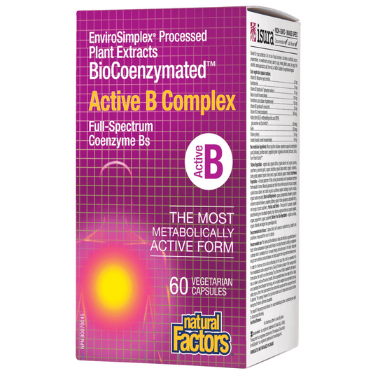Box of EnviroSimplex Active B Complex supplement with purple and yellow design by Natural Factors.  Available online at natvd.com Canada