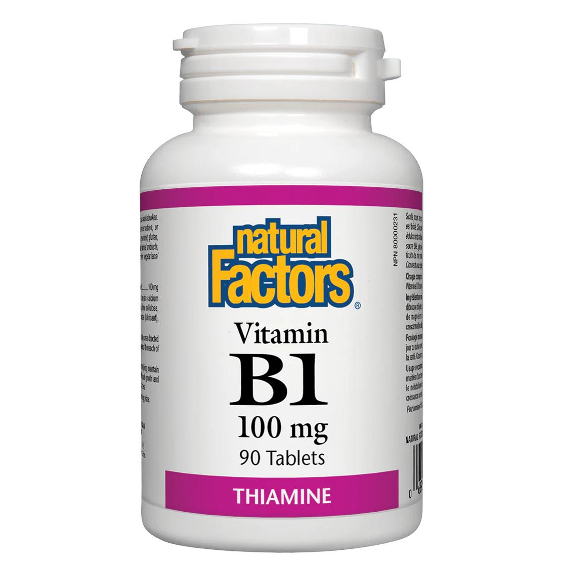 Bottle of Natural Factors Vitamin B1 100 mg on a white background natvd.com