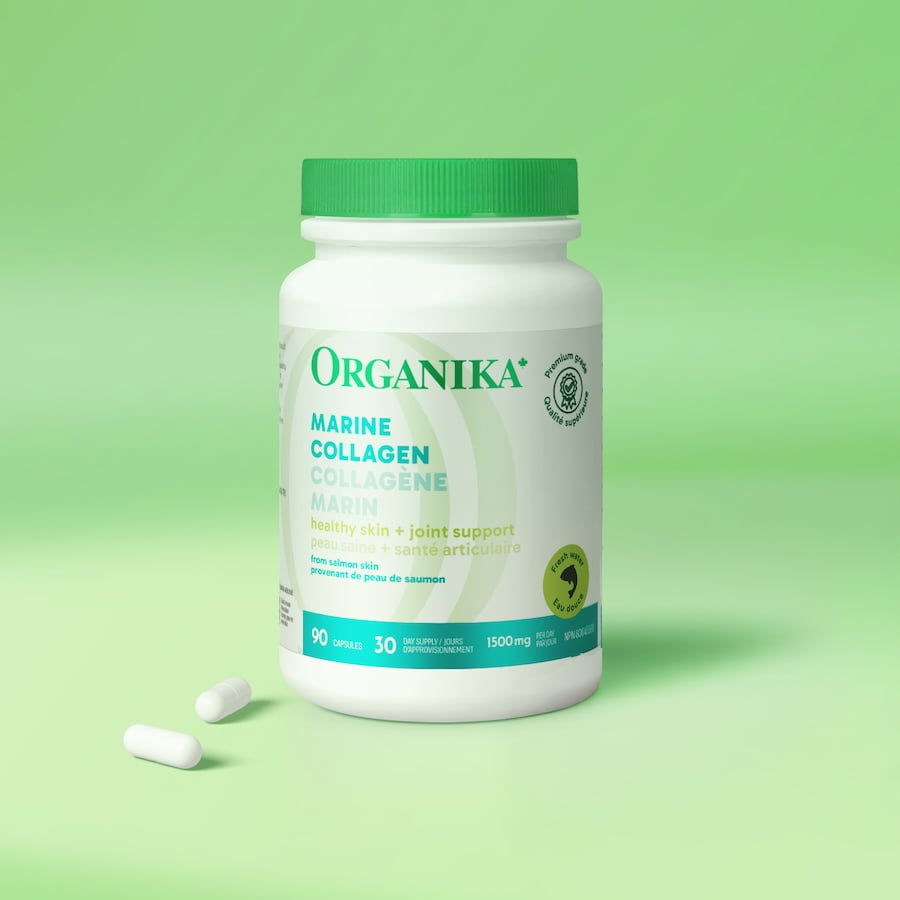 Organika Marine Collagen supplement bottle on a green background