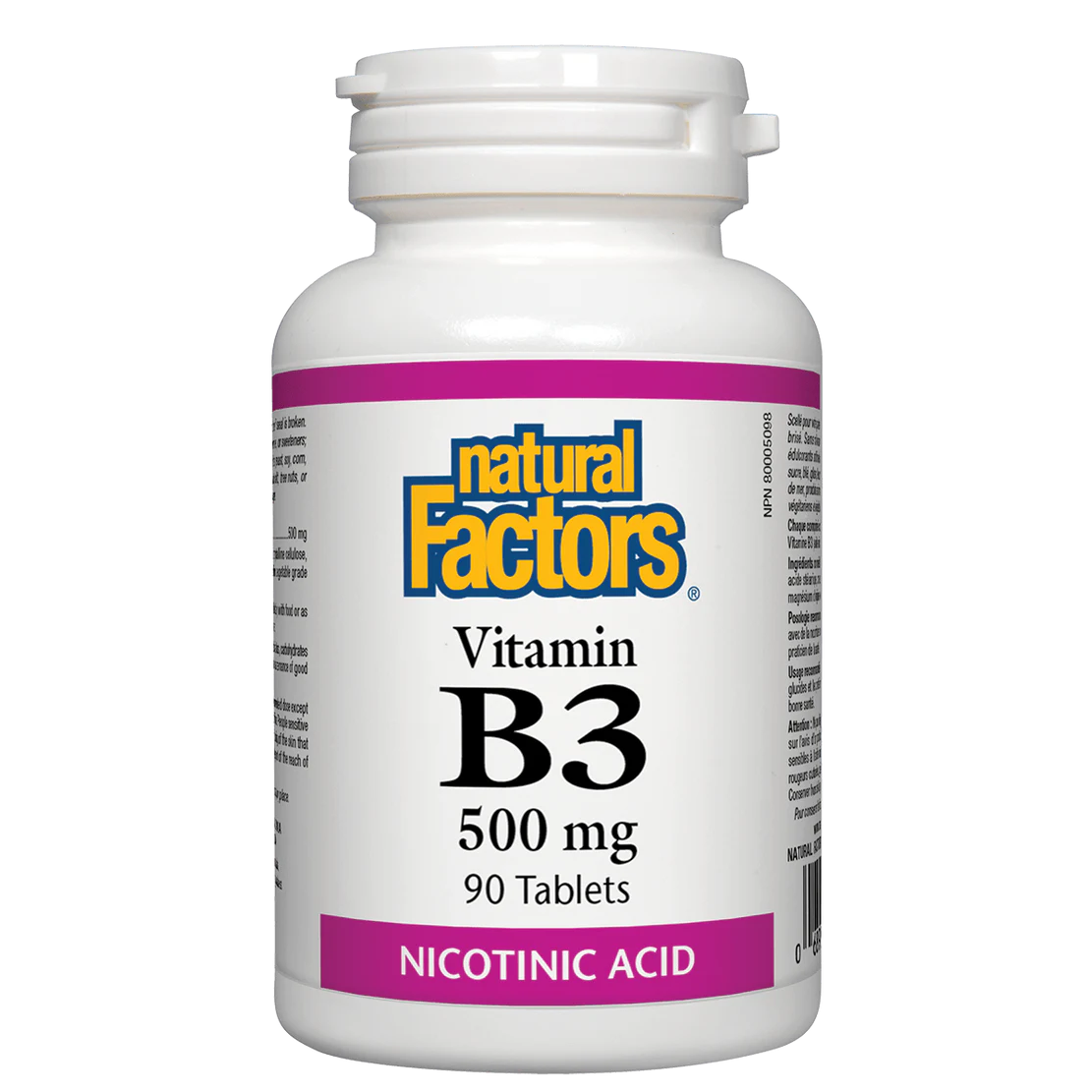 Bottle of Natural Factors Vitamin B3 500 mg on a white background available from natvd.com Canada