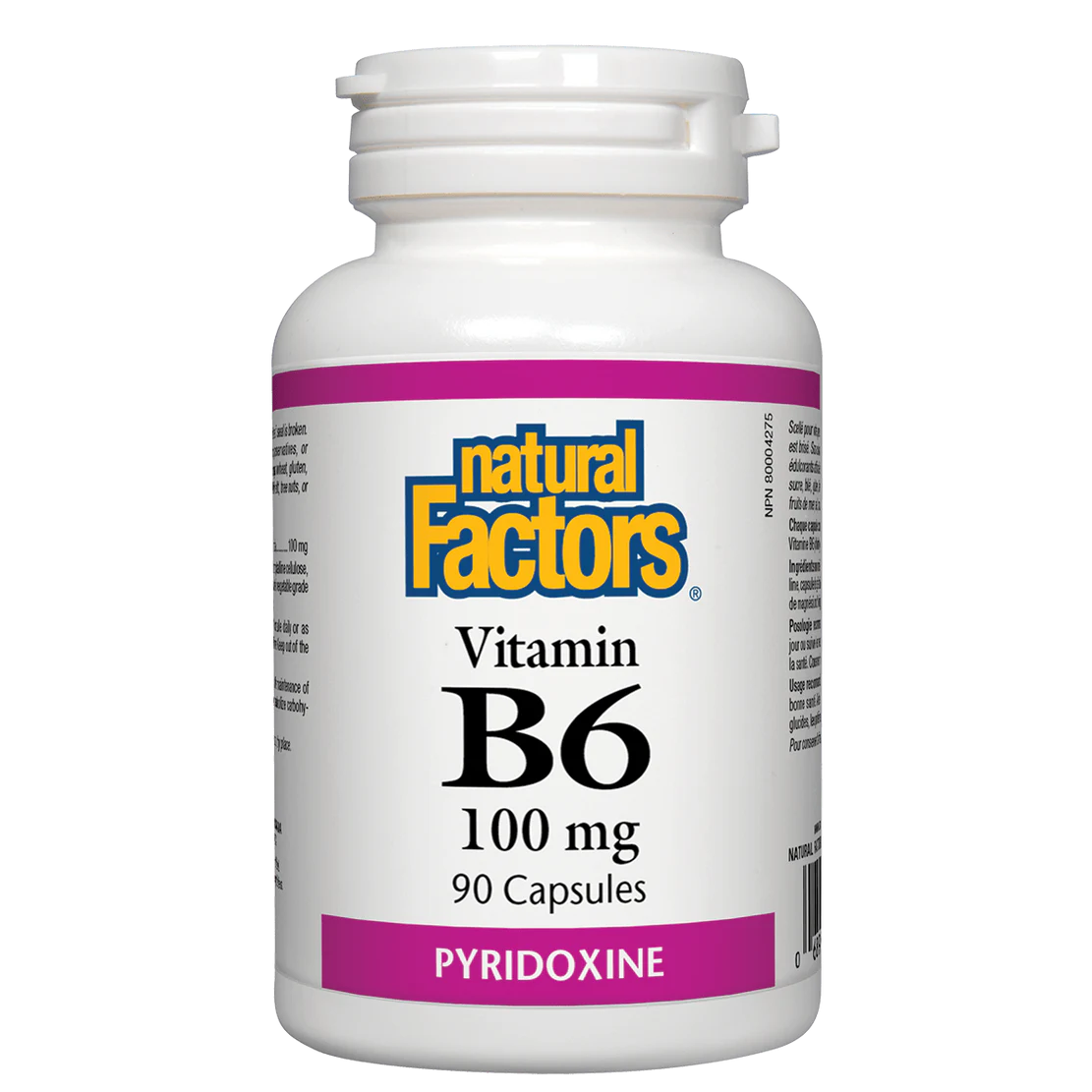 Bottle of Natural Factors Vitamin B6 100 mg capsules on a white background online natvd.com