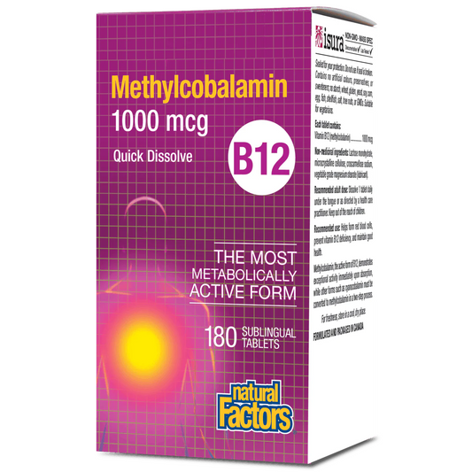 Natural Factors Vitamin B-12 Methylcobalamin, 1000mcg, 180 Sublingual tablets