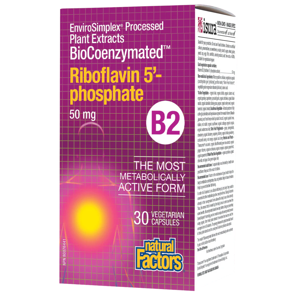 Box of EnviroSimplex BioCoenzymated Riboflavin 5'-phosphate B2 supplement with purple and yellow design. natura vitamin direct inc canada natvd.com