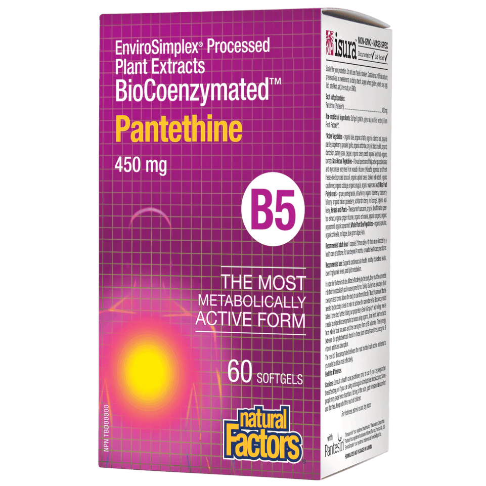 Box of Natural Factors Pantethine supplement with purple and white design available online natvd.com