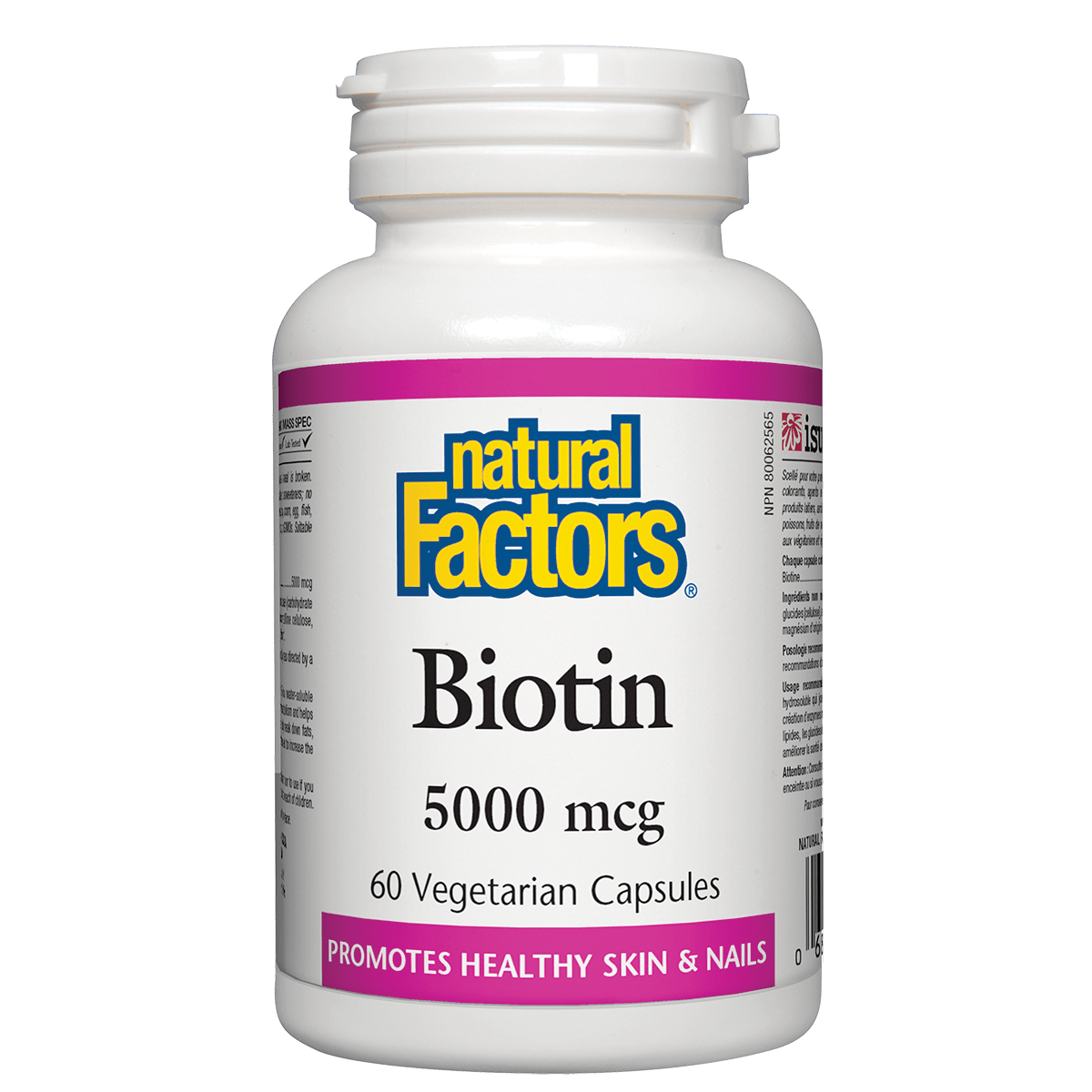 Bottle of Natural Factors Biotin supplement on a white background