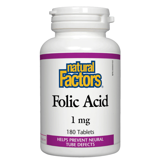 Bottle of Natural Factors Folic Acid supplement on a white background available for purchase natvd.com canada