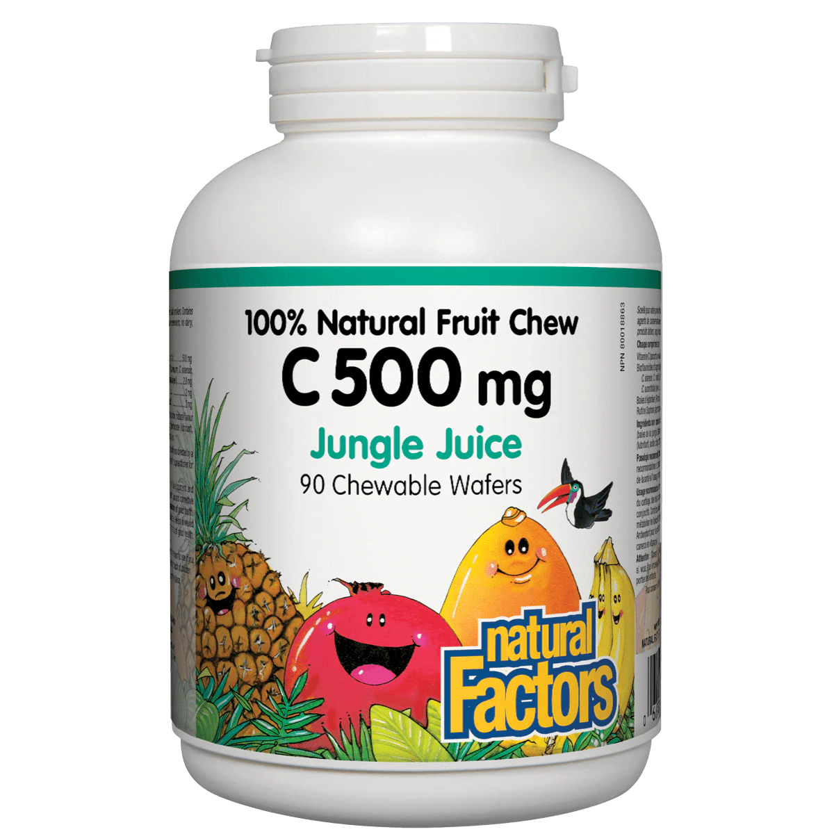 White supplement bottle labeled '100% Natural Fruit Chew C 500 mg Jungle Juice' with colorful characters on a white background natvd natural vitamin direct 