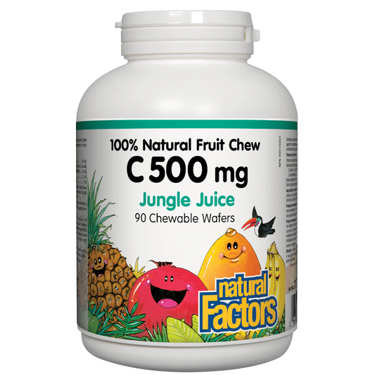 White supplement bottle labeled '100% Natural Fruit Chew C 500 mg Jungle Juice' with colorful characters on a white background natvd natural vitamin direct 