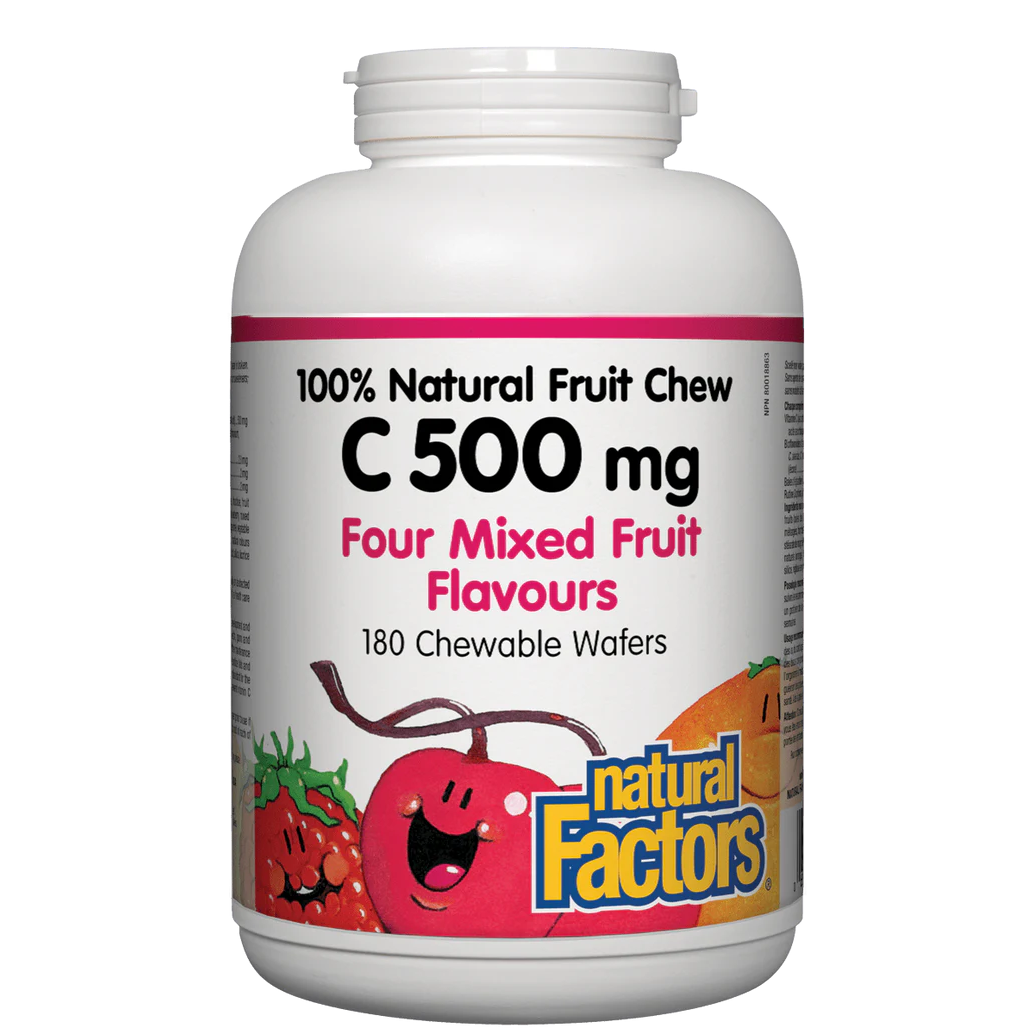 Natural Factors Fruit Chew C 500 mg 180 chewable wafers bottle on a white background Canadian version sold by natvd.com Natural Vitamin Direct Inc