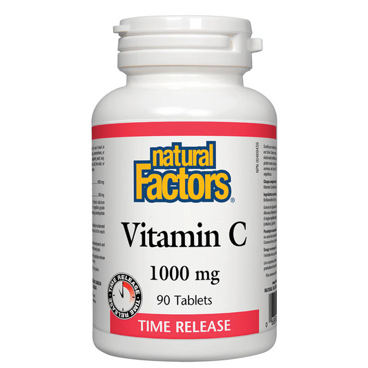 Bottle of Natural Factors Vitamin C 1000 mg time-release tablets on a white background sold by natvd.com Natural Vitamin Direct Inc
