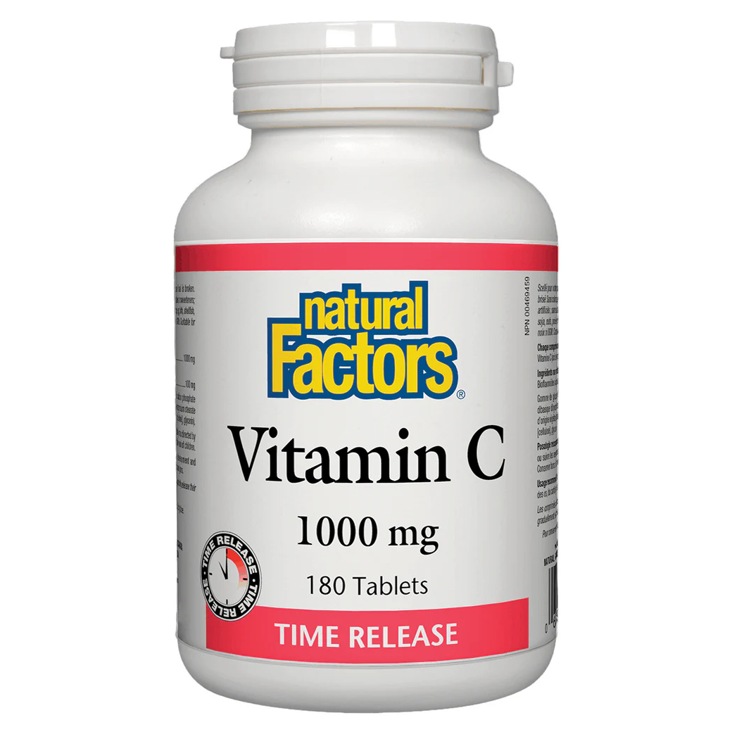 Bottle of Natural Factors Vitamin C 1000 mg time-release tablets on a white background Canadian label available natvd.com