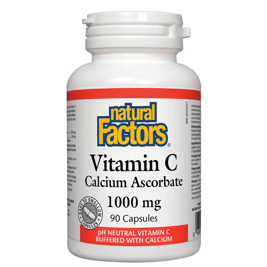 Bottle of Natural Factors Vitamin C Calcium Ascorbate on a white background available on natvd.com Natural Vitamin Direct Inc