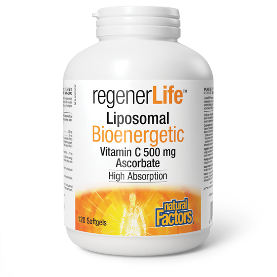 Bottle of regenerLife Liposomal Bioenergetic Vitamin C on a white background natvd.com