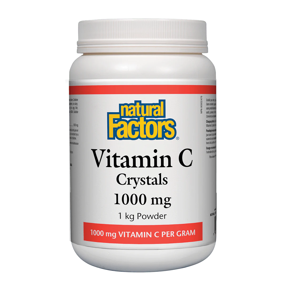 Vitamin C crystals container with 'Natural Factors' label on a white background natvd natural vitamin direct