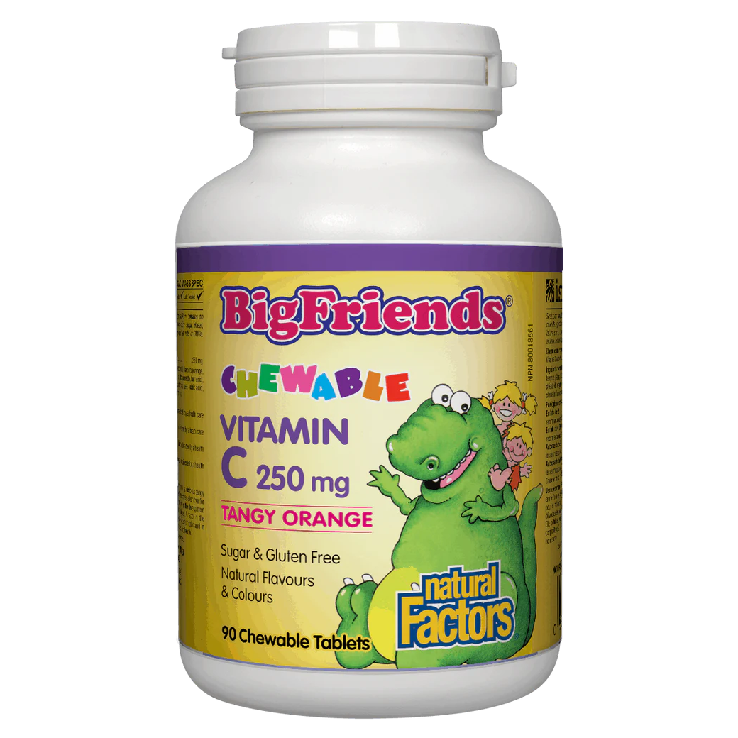 Bottle of Big Friends Chewable Vitamin C by Natural Factors on a white background Canadian label sold by natvd.com Natural Vitamin Direct Inc
