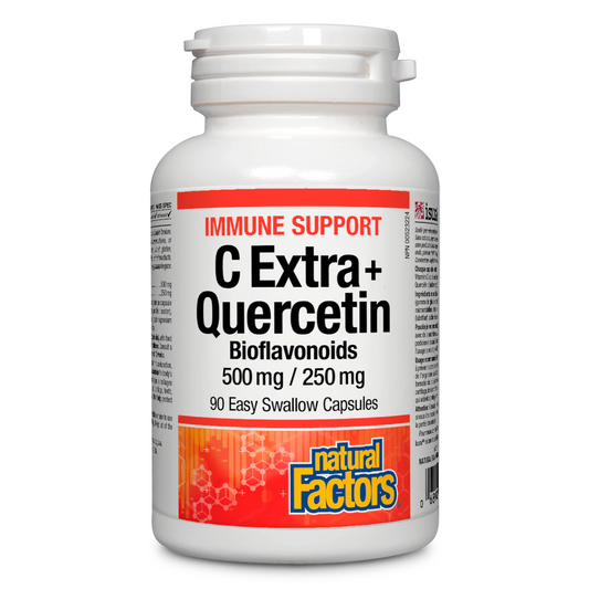 Supplement bottle labeled 'C Extra + Quercetin' by Natural Factors on a white background natvd.com
