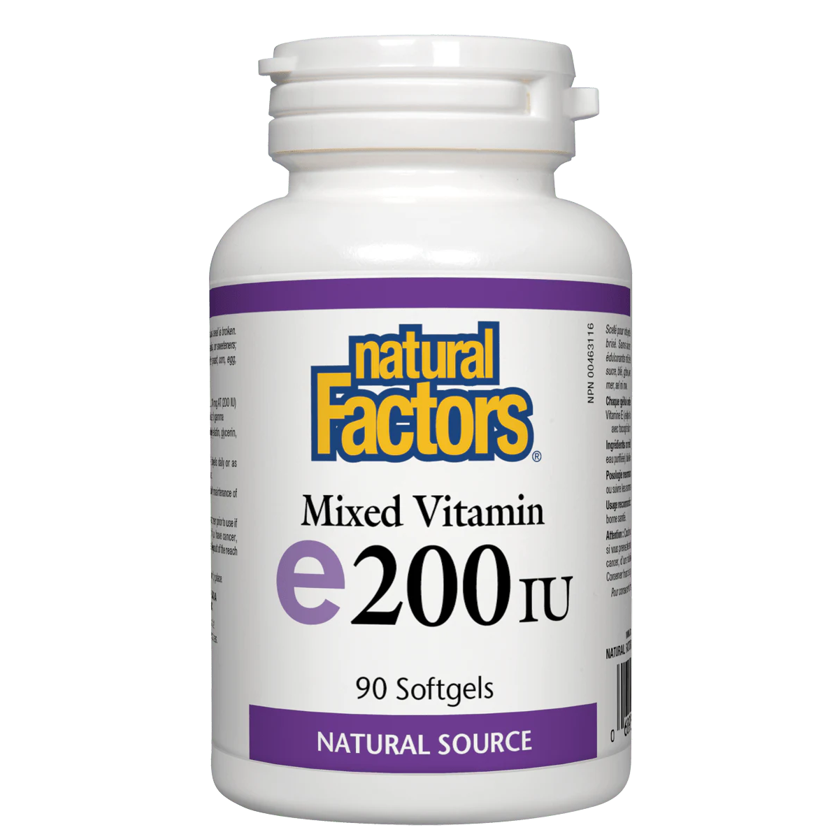 a Bottle of Natural Factors Mixed Vitamin E 200 iu softgels Canadian version label sold by natvd.com
