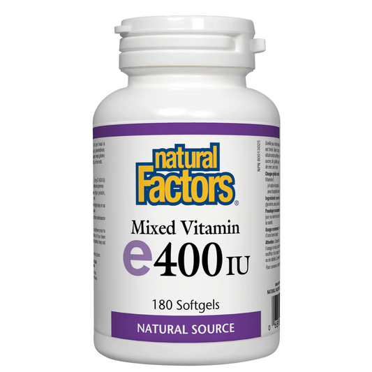 Bottle of Natural Factors Mixed Vitamin E 400 IU on a white background sold online by natd.com Natural Vitamin Direct Inc Canada since 1997