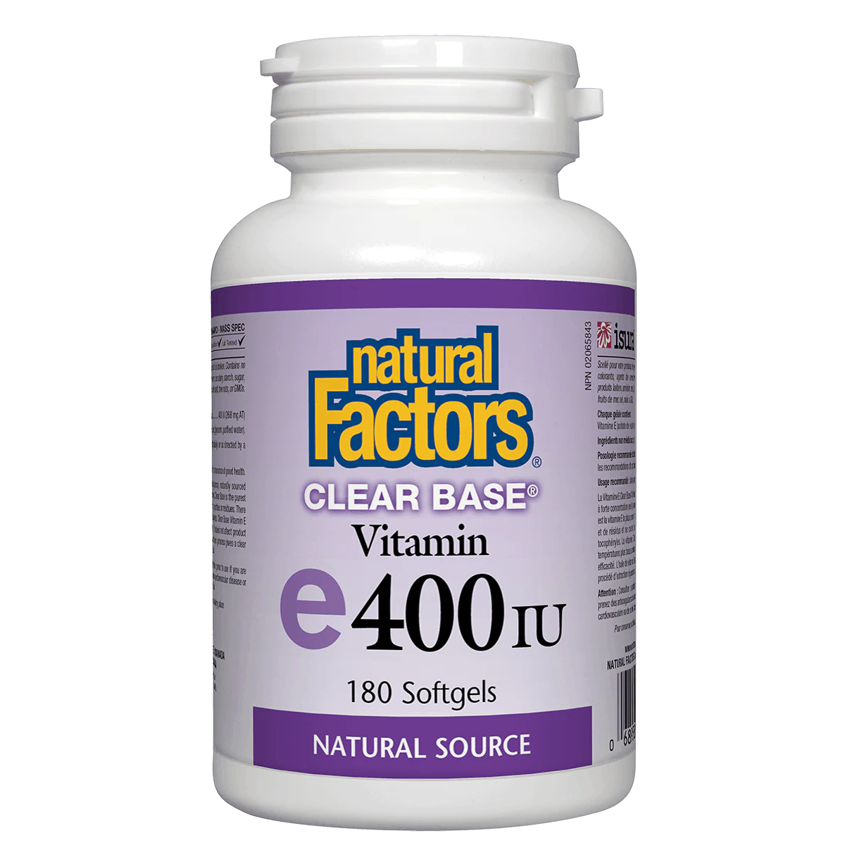 Bottle of Natural Factors Vitamin E 400 IU on a white background natvd.com