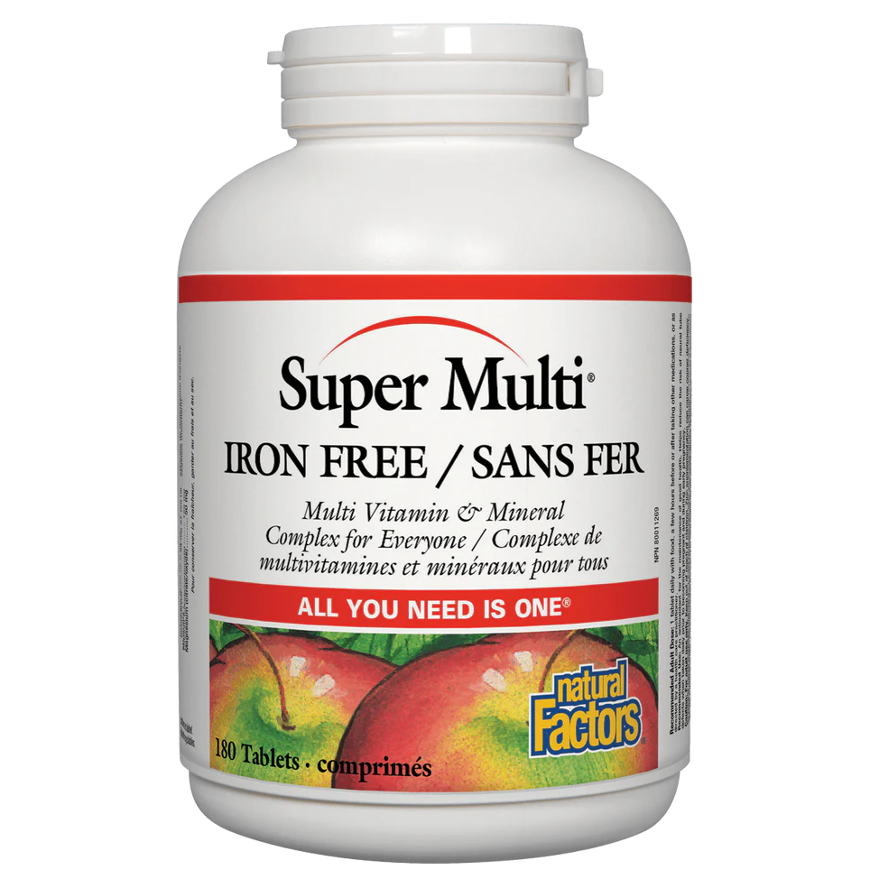 Super Multi Iron Free supplement bottle with apples on a white background natural vitamin direct canada