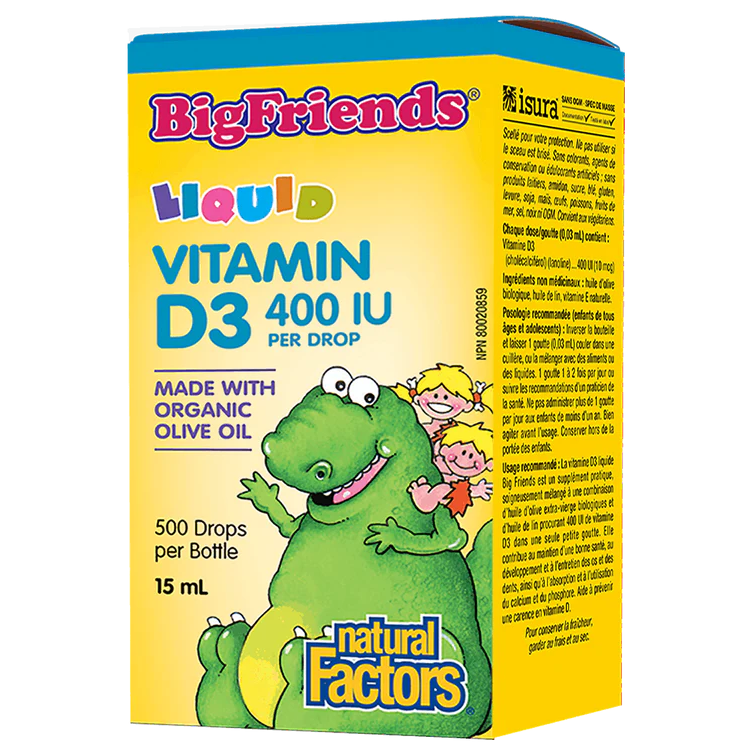 Box of BigFriends Liquid Vitamin D3 400 IU with a cartoon character on a white background Natural Vitamin Direct natvd.com Natural Factors Canada