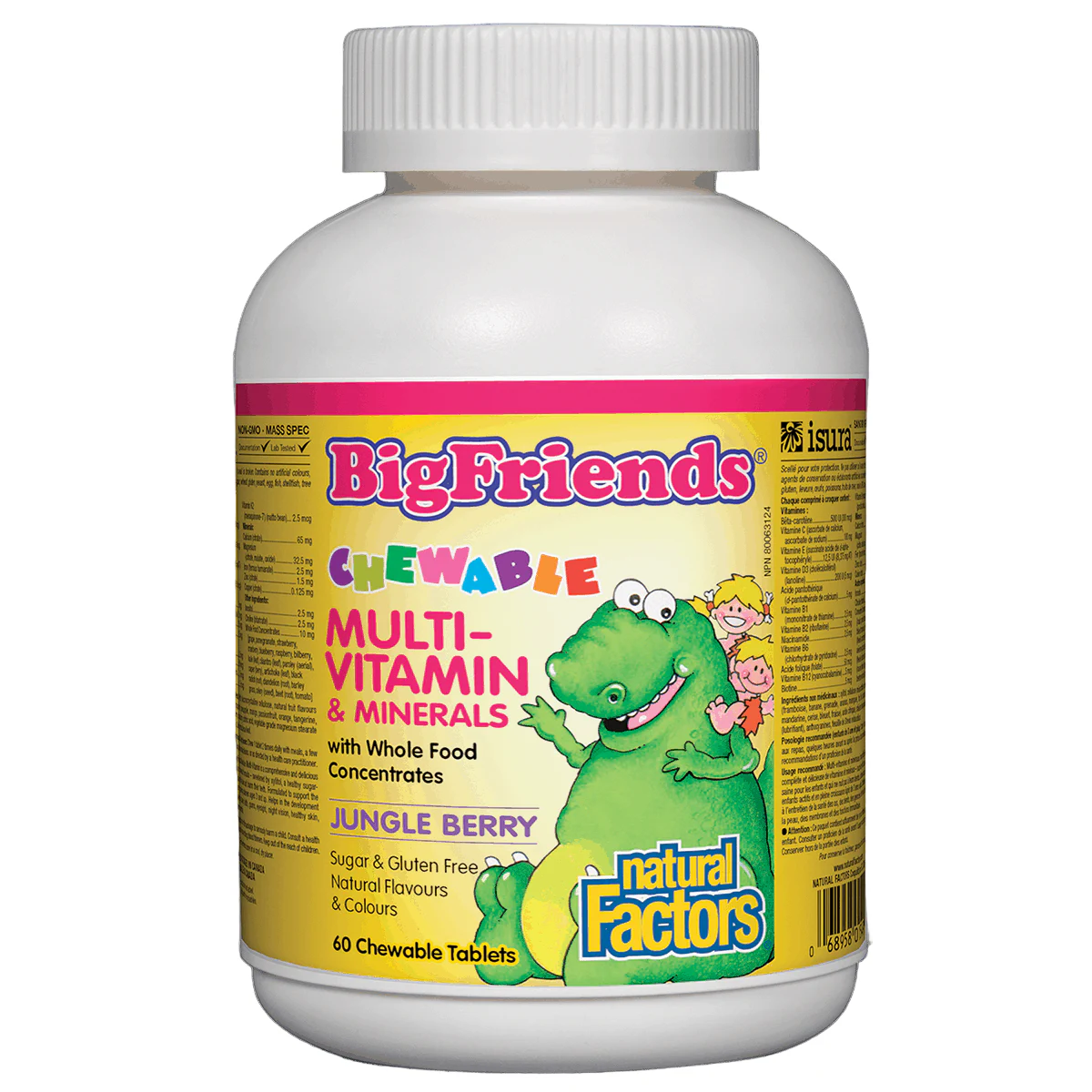 Bottle of BigFriends chewable multivitamin with a colorful label featuring a cartoon dinosaur. natural factors brand sold by natural vitamin direct inc since 1997