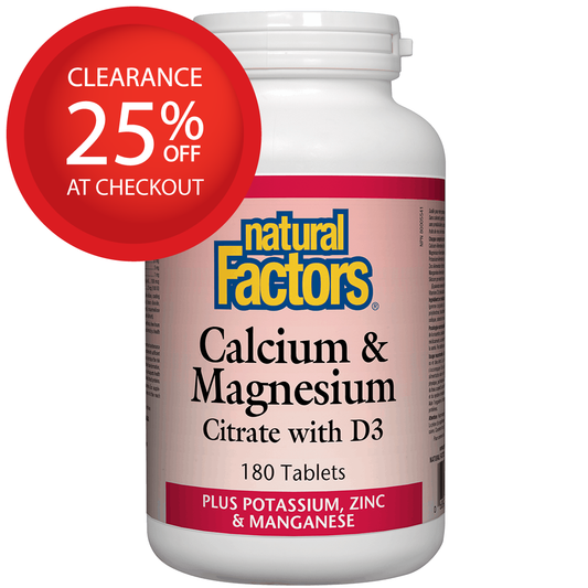 【clearance】Natural Factors Calcium and Magnesium Citrate with D, Plus Potassium and Zinc, 180 tabs Exp: June 2027