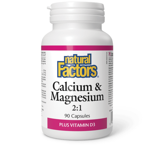 Bottle of Natural Factors Calcium & Magnesium supplement on a white background