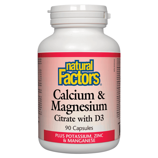 Bottle of Natural Factors Calcium & Magnesium Citrate with D3 supplement on a white background
