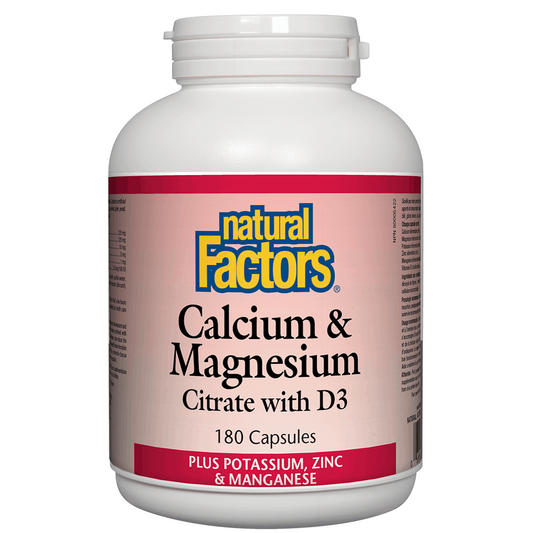 Bottle of Natural Factors Calcium & Magnesium Citrate with D3 supplement on a white background