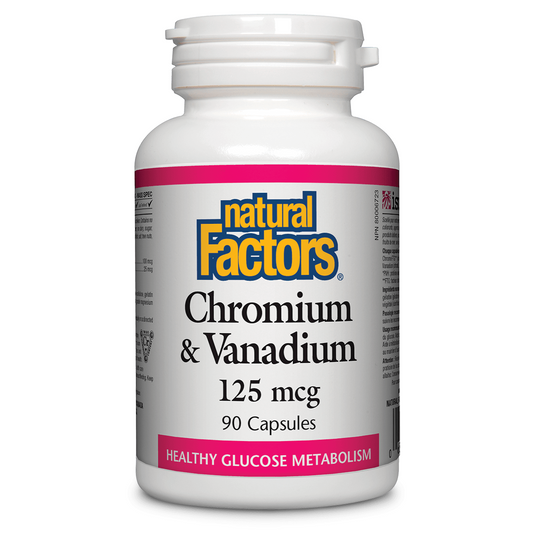 Bottle of Natural Factors Chromium & Vanadium supplement on a white background