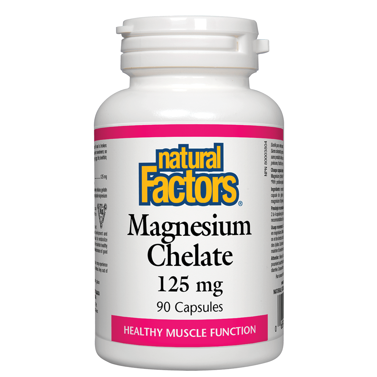 Bottle of Natural Factors Magnesium Chelate 125 mg capsules on a white background