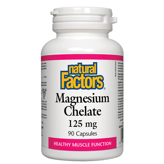 Bottle of Natural Factors Magnesium Chelate 125 mg capsules on a white background
