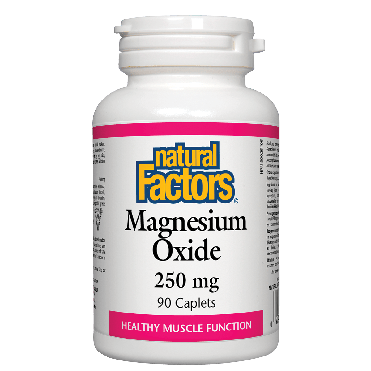 Bottle of Natural Factors Magnesium Oxide 250 mg on a white background