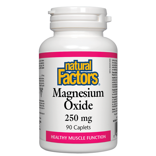 Bottle of Natural Factors Magnesium Oxide 250 mg on a white background
