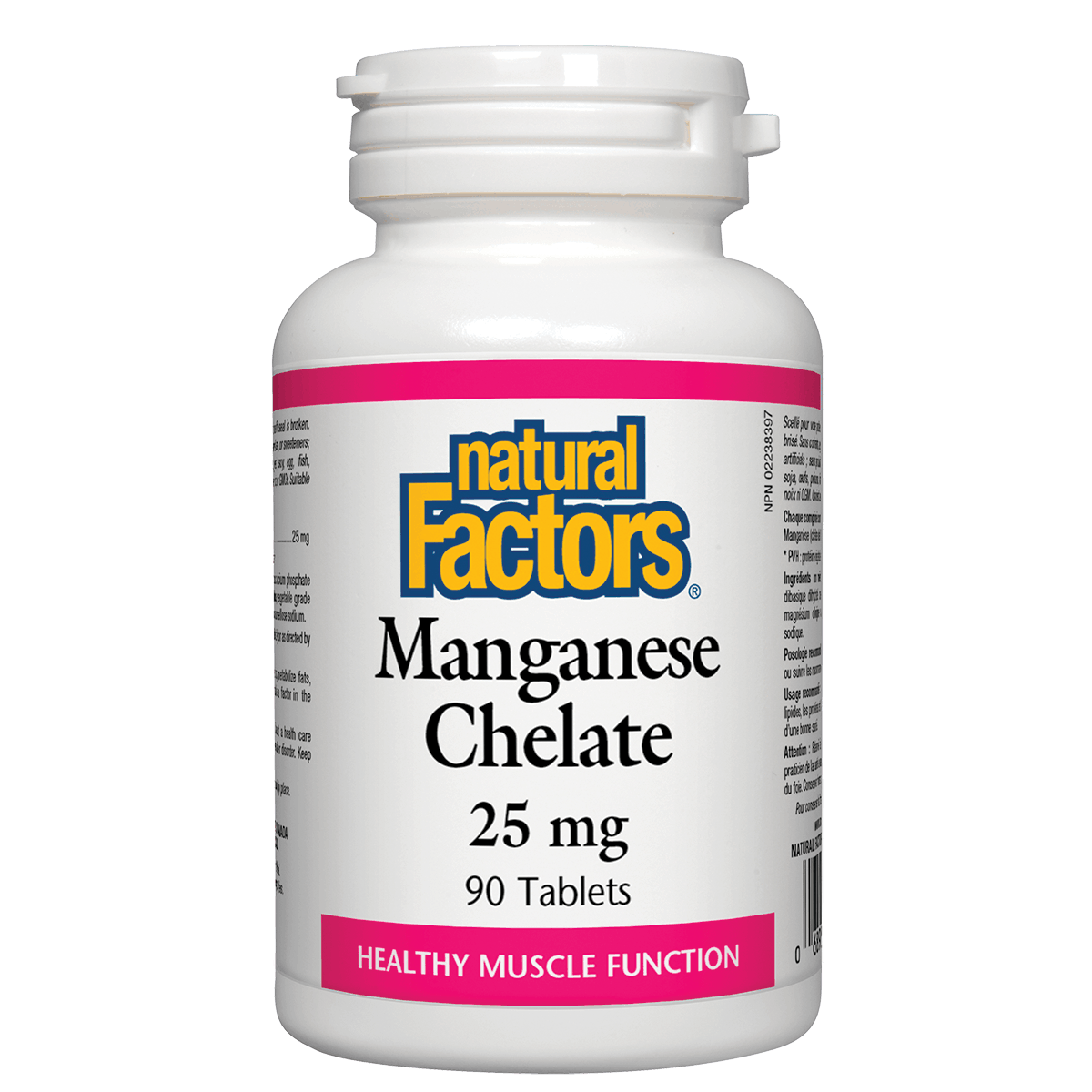 Bottle of Natural Factors Manganese Chelate supplement on a white background