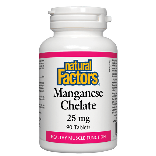 Bottle of Natural Factors Manganese Chelate supplement on a white background