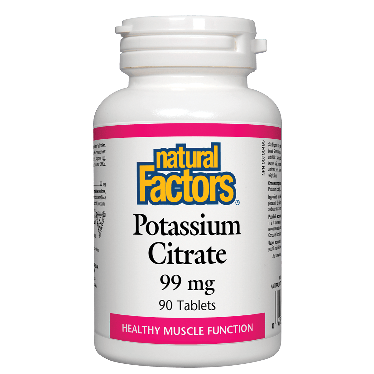 Bottle of Natural Factors Potassium Citrate supplement on a white background