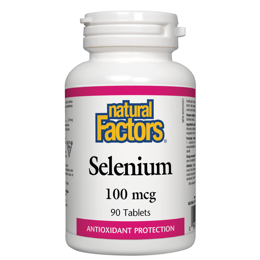 Bottle of Natural Factors Selenium supplement on a white background natvd.com
