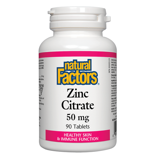 Bottle of Natural Factors Zinc Citrate 50 mg supplement on a white background