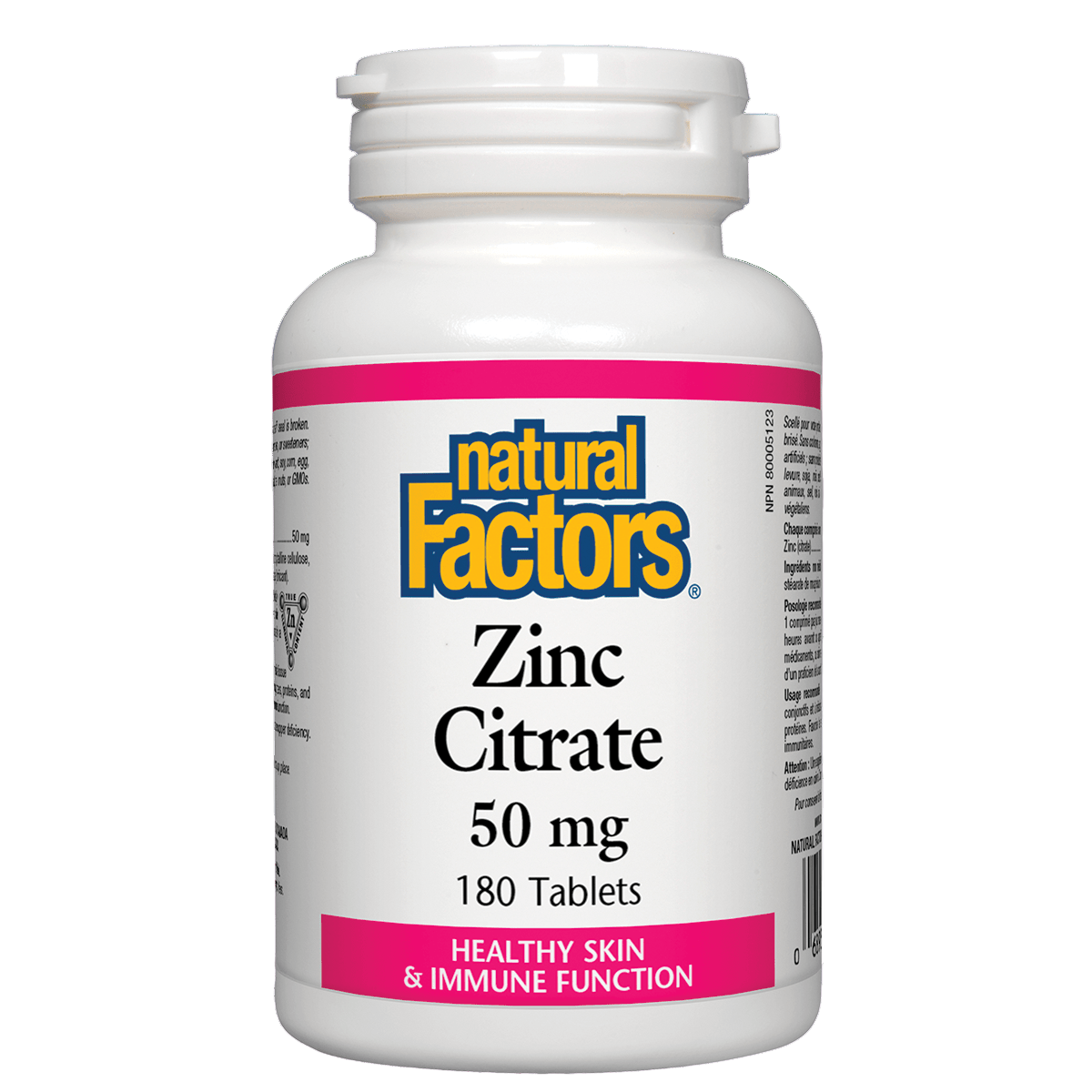 Bottle of Natural Factors Zinc Citrate supplement on a white background Natural Vitamin Direct Shop Canadian