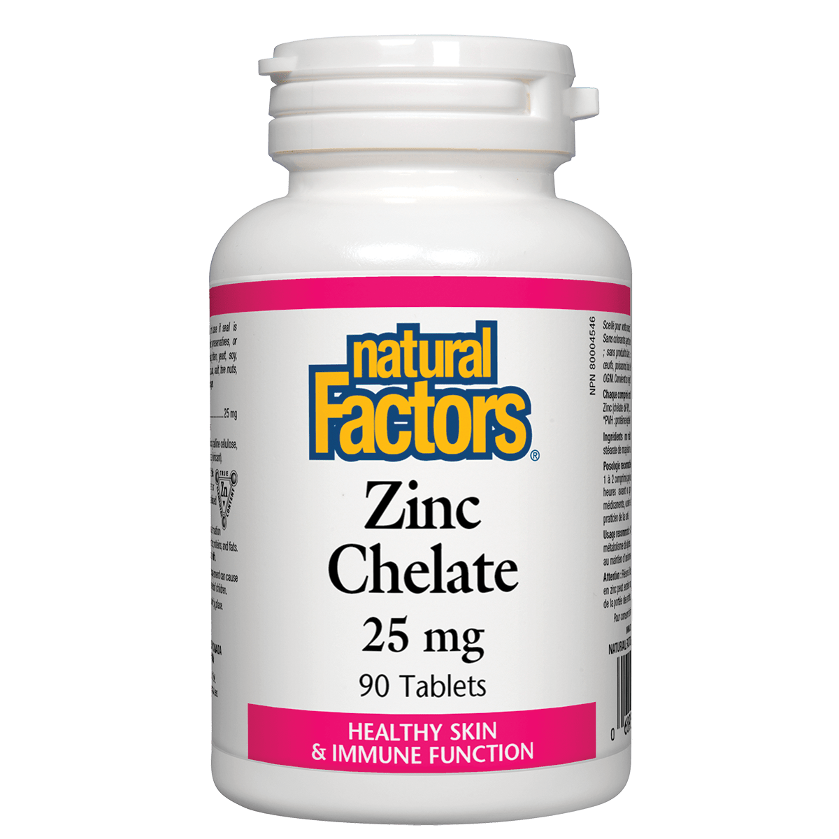 Bottle of Natural Factors Zinc Chelate 25 mg supplement on a white background