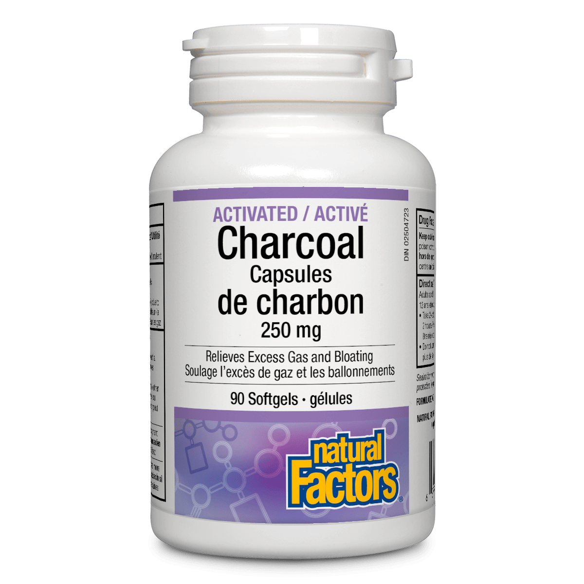 Bottle of Natural Factors Charcoal Capsules on a white background