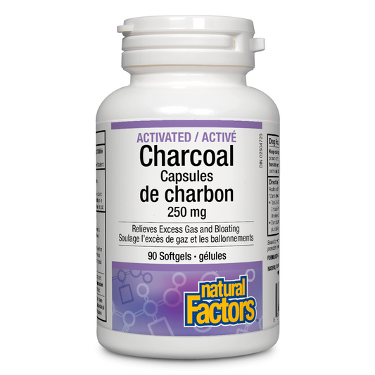 Bottle of Natural Factors Charcoal Capsules on a white background
