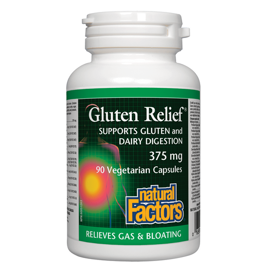 Bottle of Gluten Relief supplement by Natural Factors on a white background